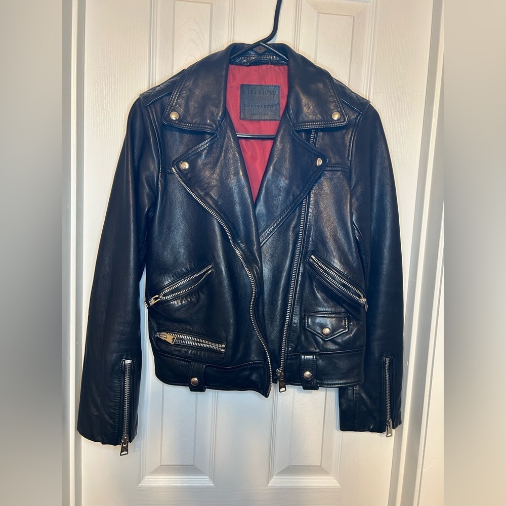 ALLSAINTS Black Sheep Leather Moto Biker Jacket Cropped Size 4 - Picture 2 of 16